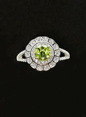 S925银欧美风个性潮流6MM天然橄榄石戒指女超闪镶钻日常佩戴戒指