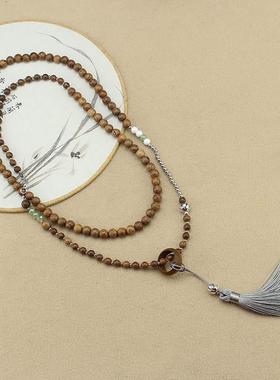 国风新中式木质串珠长流苏项链日常百搭多用途斜挎链唐装汉服配饰