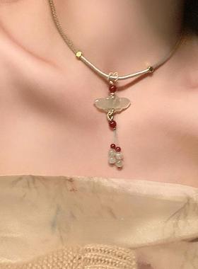 莲花玉石吊坠编绳项链女新中式古风旗袍装饰国风汉服马面裙配饰品