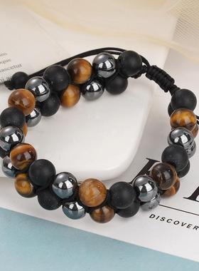 男女配饰三重手链天然虎眼黑曜石黒胆赤铁矿8m10火山珠子手工手绳