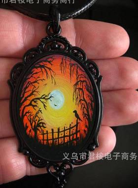 跨境外贸亚马逊时尚哥特日落森林乌鸦手绘个性化项链厂家直销