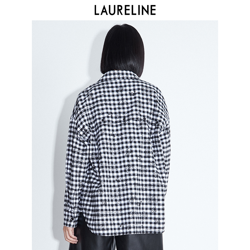 LAURELINE/洛瑞琳春季新款女装黑白格纹经典时尚纯棉长袖衬衫-图2