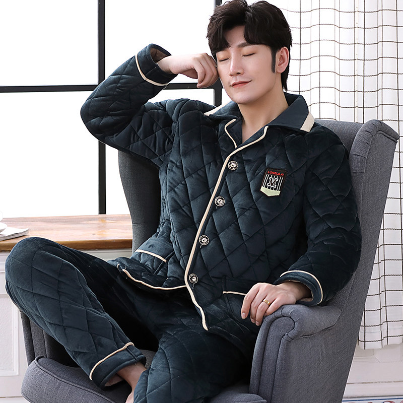 男士冬季加绒三层夹棉珊瑚绒睡衣 洛伊柔睡衣/家居服套装