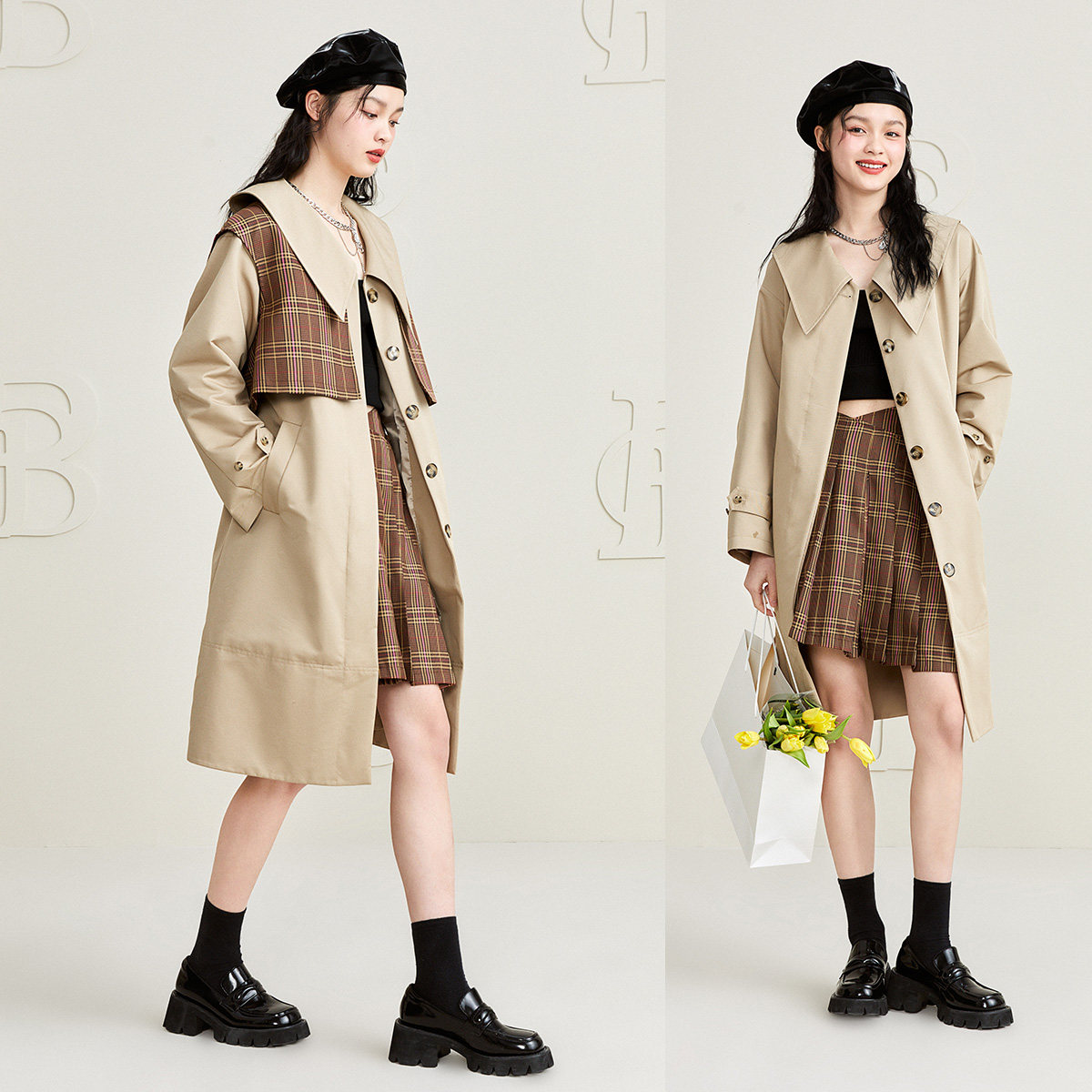 太平鸟两件套格纹2021冬季新款风衣 太平鸟outlets店风衣