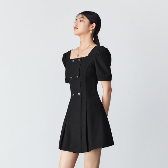 【清仓】#太平鸟 春季法式方领连衣裙女士高腰显瘦双排扣