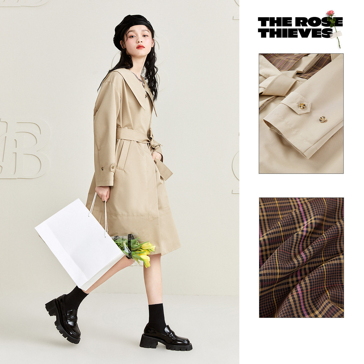 太平鸟两件套格纹2021冬季新款风衣 太平鸟outlets店风衣