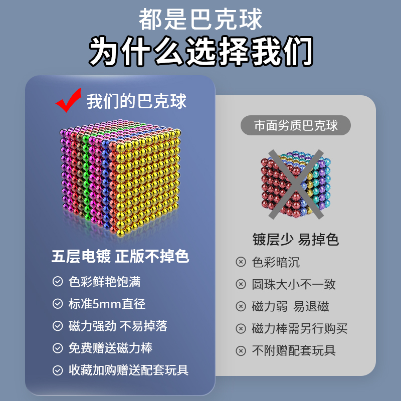 巴克球1000颗正版大号磁力球彩色吸铁石趣味积木魔力组合拼搭玩具 - 图1