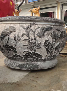 定制石雕青石花盆 鱼缸花园庭院仿古雕刻养鱼池景观流水石雕摆件