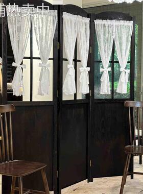 #田园复古折叠屏风纱帘进门实木玄关隔断花架橱窗镂空服装店落地