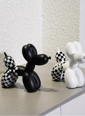跨境黑白棋盘格子金嘴气球狗摆件家居客厅电视柜软装饰树脂工艺品