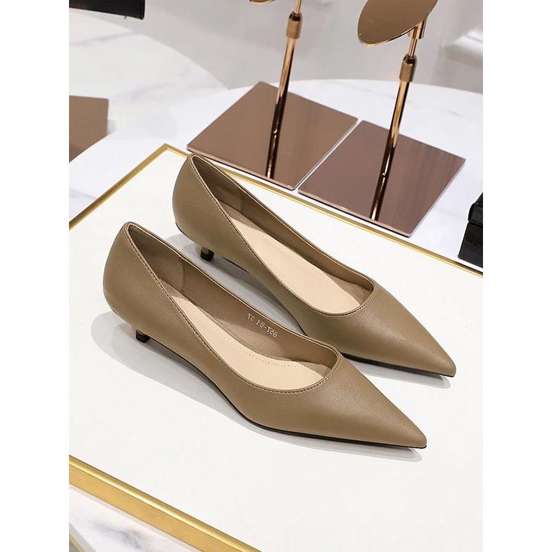 港风新品尖头细跟高跟鞋女春秋季真皮浅口舒适单鞋低跟小皮鞋 - 图0