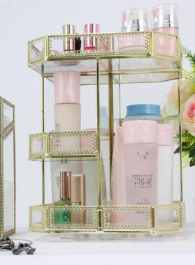 2018新款高端金色心形花边旋转八角形化妆品玻璃收纳盒 可定 制