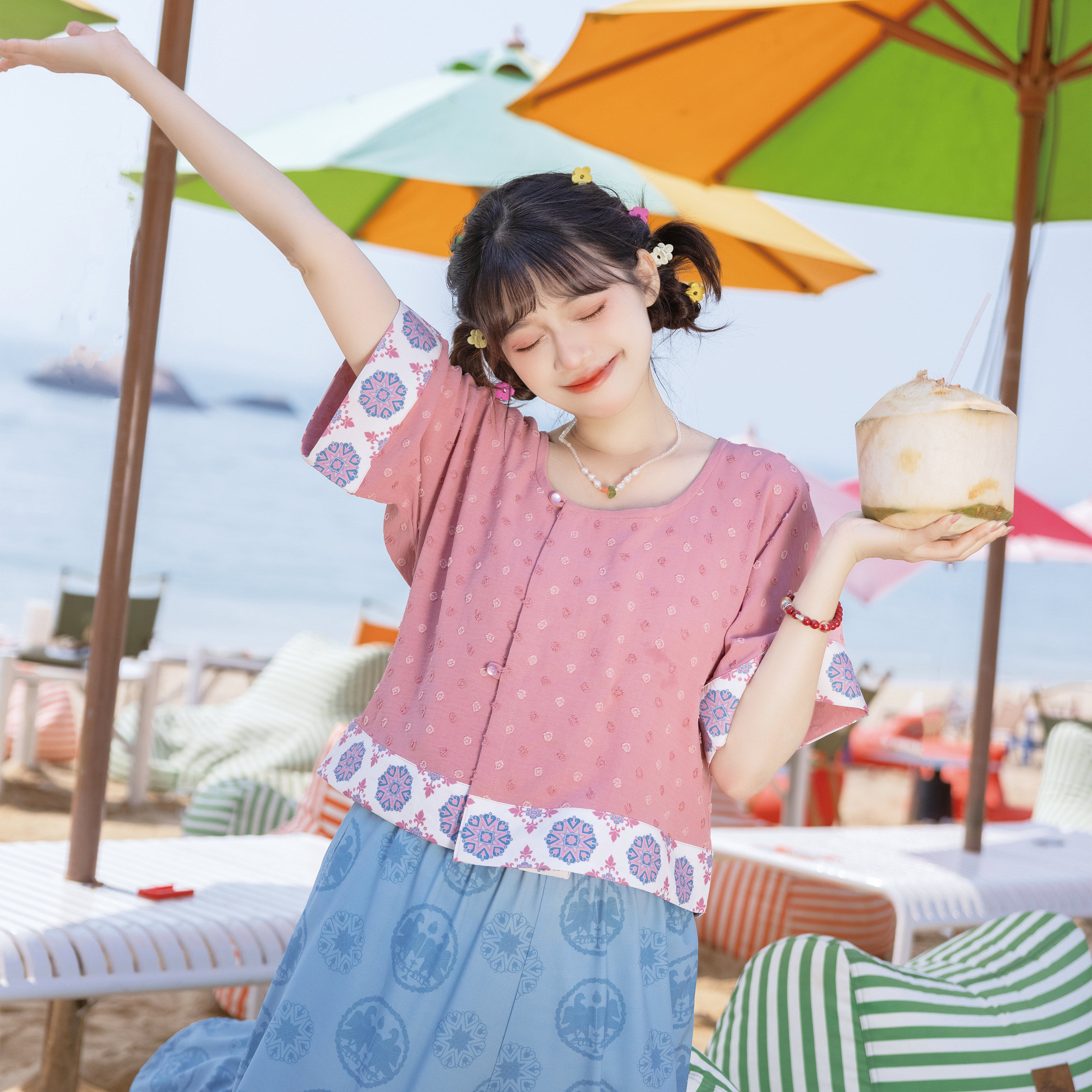 花朝记｜桃桃乐｜唐制汉服元素垂领背子灯笼裤印花舒适日常夏清凉,淘宝优惠券,粉丝福利购,淘宝优惠卷