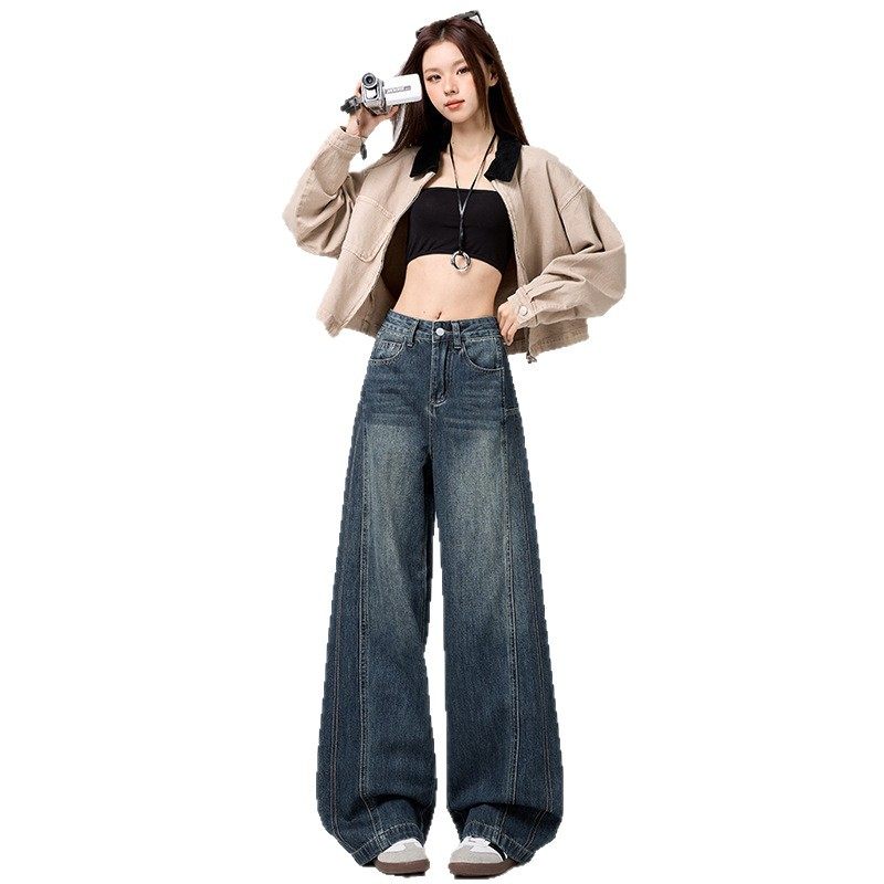 加绒直筒牛仔裤女厚款秋冬新款美式设计感复古宽松显瘦拖地阔腿裤,淘宝优惠券,粉丝福利购,淘宝优惠卷