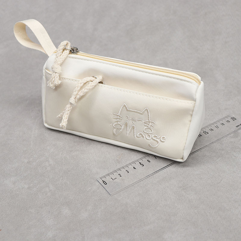 奶白色刺绣小猫笔袋大容量2025新款超火可爱简约女生款ins风高颜值铅笔盒多功能小众不撞款小学生专用文具袋-图2