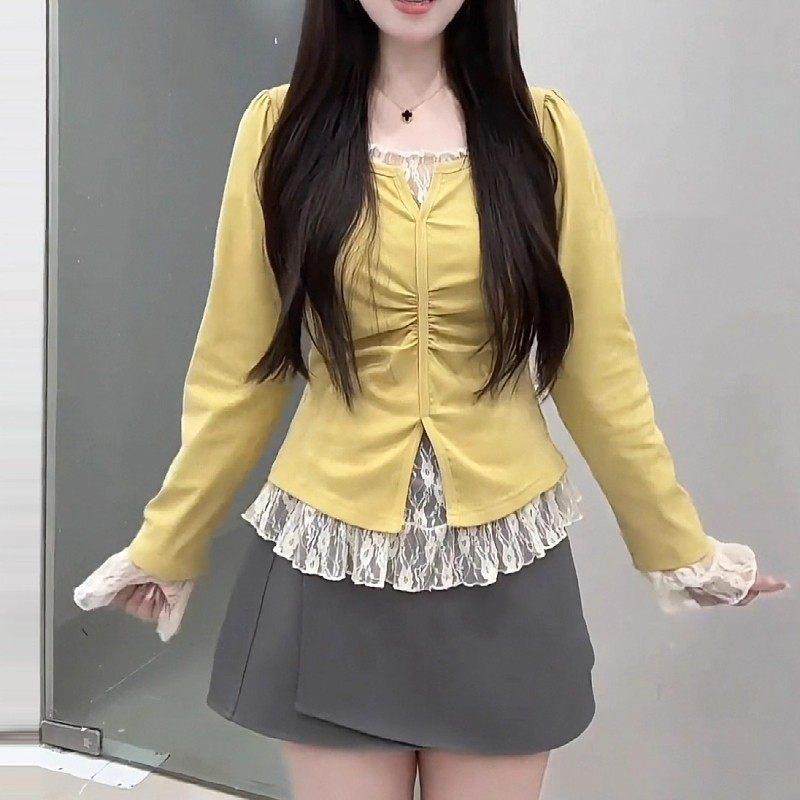 2026秋冬新款大码胖mm纯欲蕾丝拼接假两件长袖T恤女秋季遮肉显瘦,淘宝优惠券,粉丝福利购,淘宝优惠卷