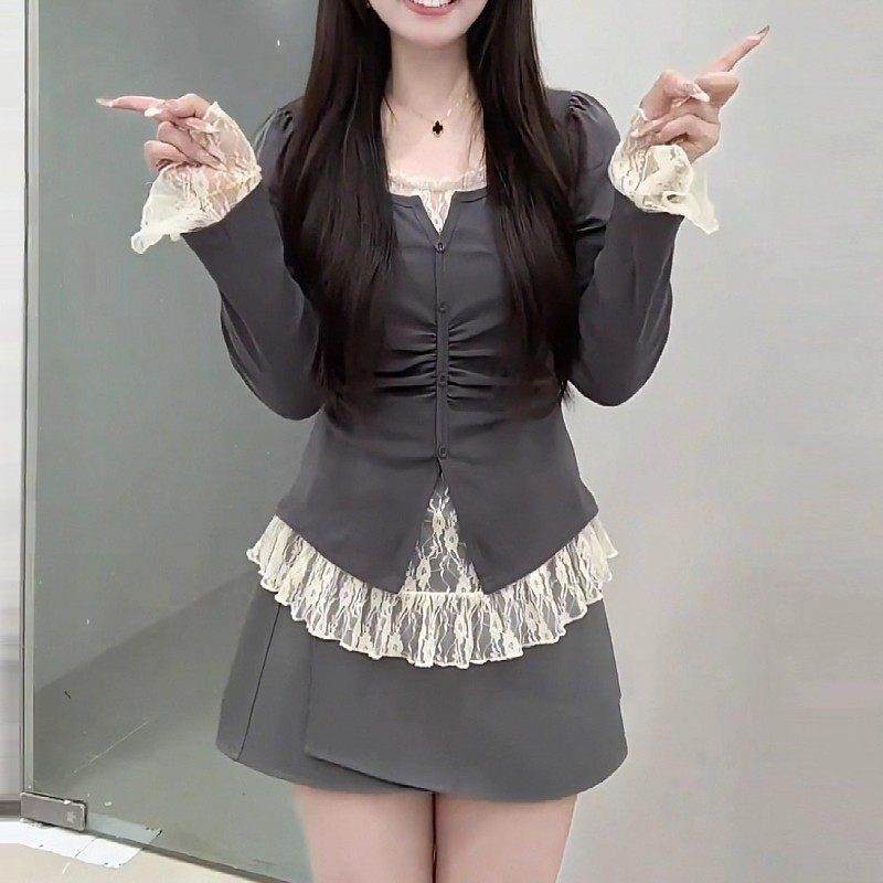 2026秋冬新款大码胖mm纯欲蕾丝拼接假两件长袖T恤女秋季遮肉显瘦,淘宝优惠券,粉丝福利购,淘宝优惠卷