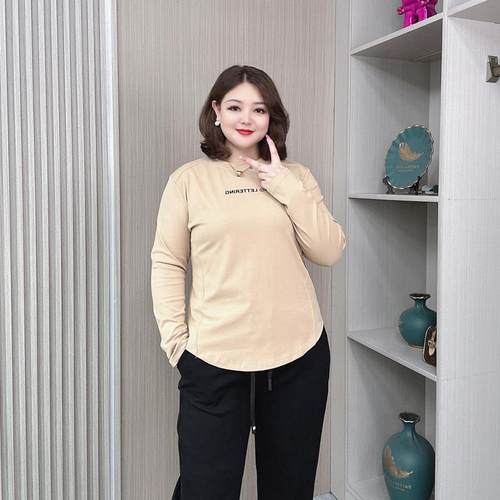 2025新款韩版大码女装春秋鱼骨长袖T恤胖mm遮肚显瘦设计感洋气上 - 图0