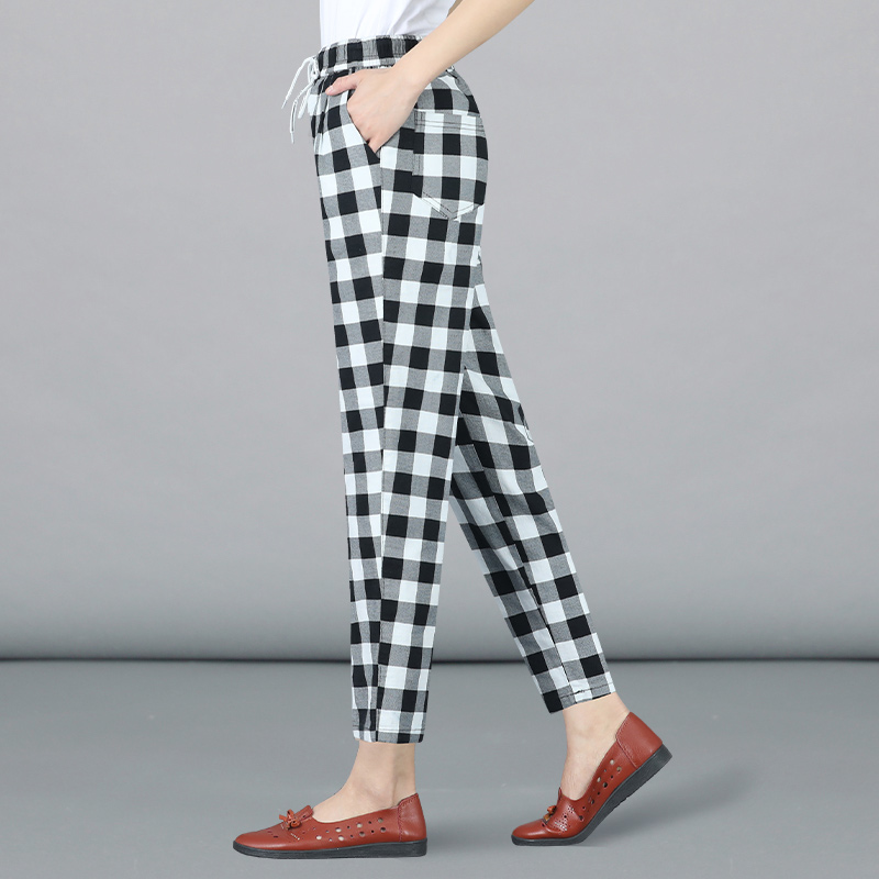 loueddssd倍艾旗舰店妈妈裤子女宽松格子中年哈伦裤中老年女装夏季薄款棉麻九分萝卜裤0