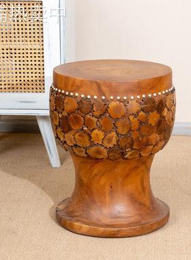 泰国柚木鼓凳仿古中式实木圆凳鼓墩实木坐墩古筝凳客厅茶几矮凳