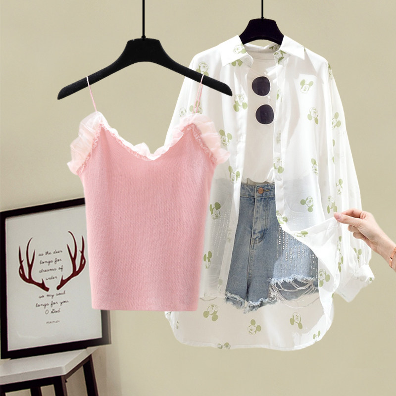 夏装裙子女网红米奇雪纺防晒配衬衫 纯依菲时尚套装