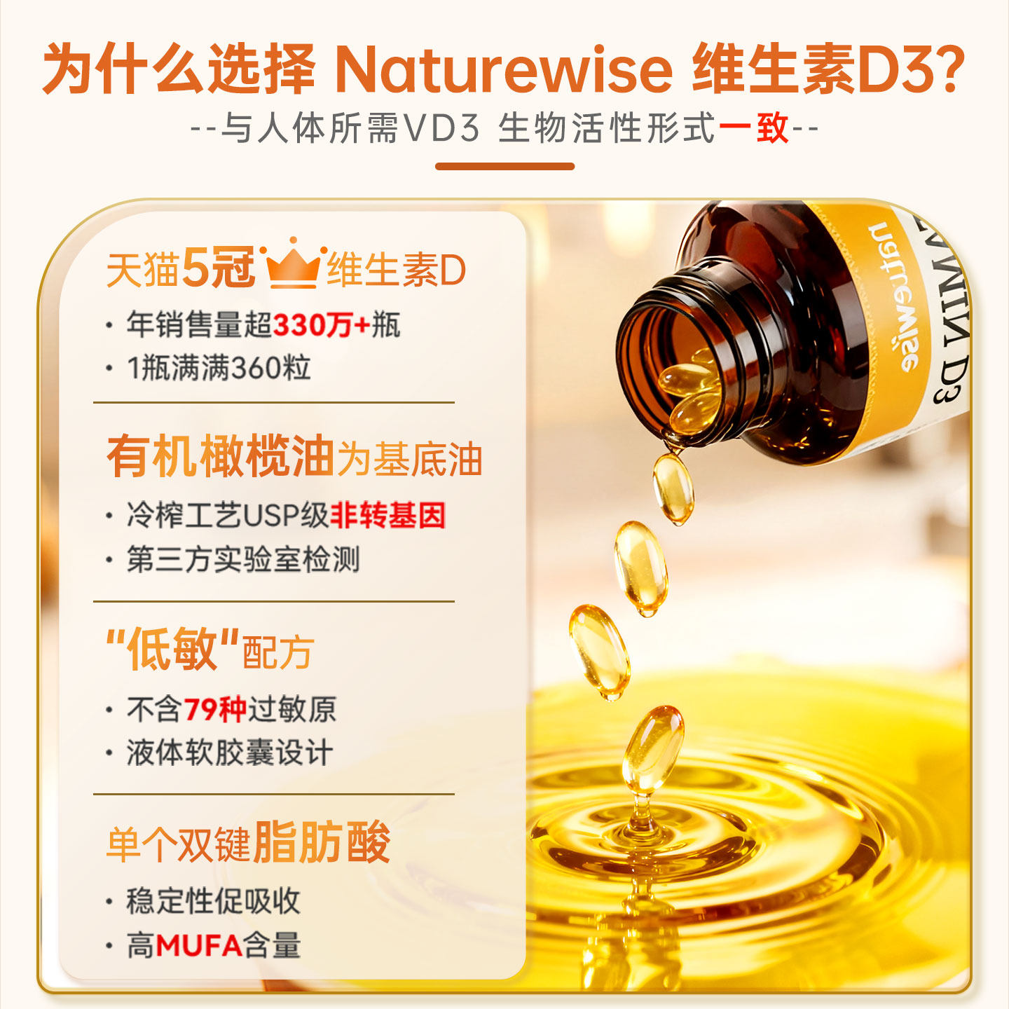 Naturewise2000iu活性25羟基维生素d3阳光瓶备d孕妇胶囊维他命vd3