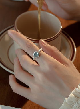 纯银海蓝宝施家珍珠戒指