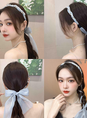 珍珠碎花发箍飘带绑发一体头饰