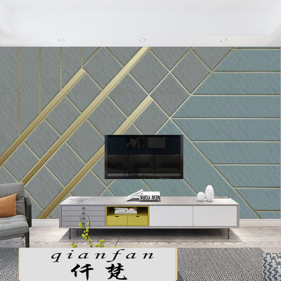 电视背景墙壁纸线条仿软包墙布简约现代客厅格子影视墙定制壁布 虎窝淘