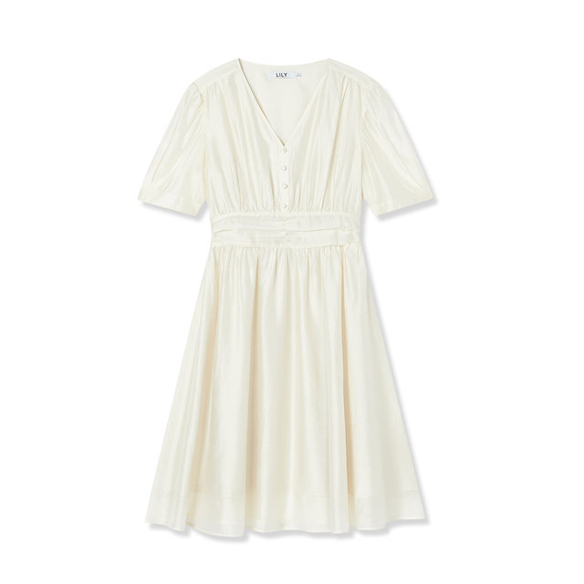 LILY Outlet New Women's Gentle Solid Soft Color Temperament V Neck Fashionable High Waist Short Sleeve Dress Small White Dress Women