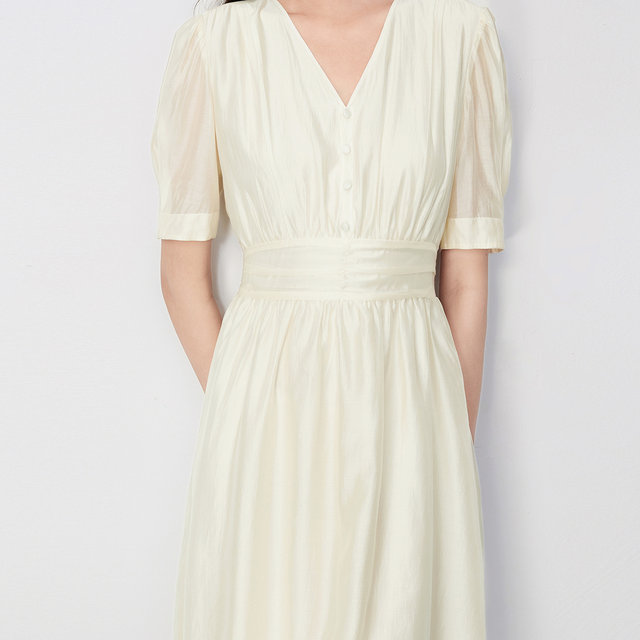 LILY Outlet New Women's Gentle Solid Soft Color Temperament V Neck Fashionable High Waist Short Sleeve Dress Small White Dress Women