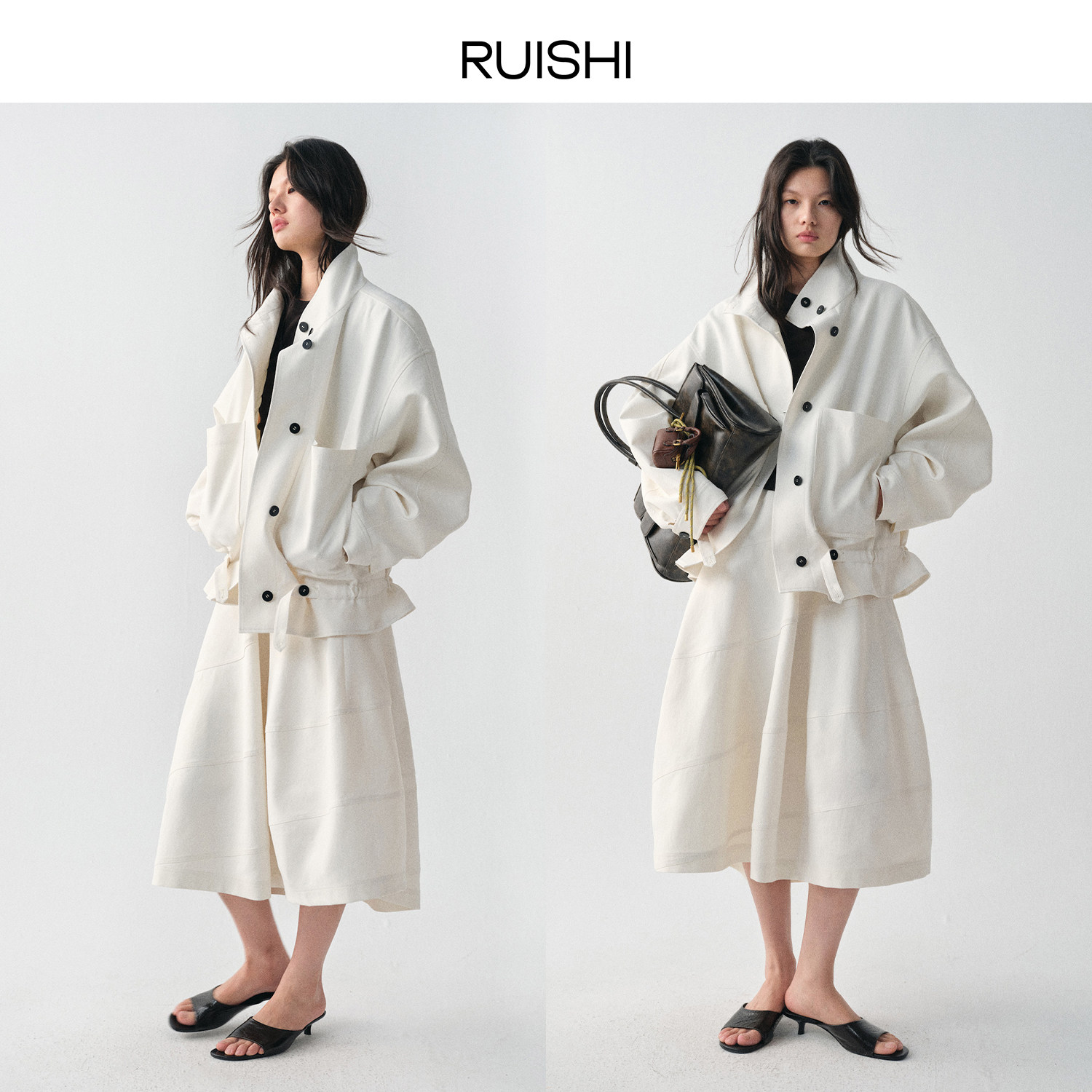 RUISHI芮时“松弛片想”立领大口袋下摆抽绳短款风衣外套女春,淘宝优惠券,粉丝福利购,淘宝优惠卷