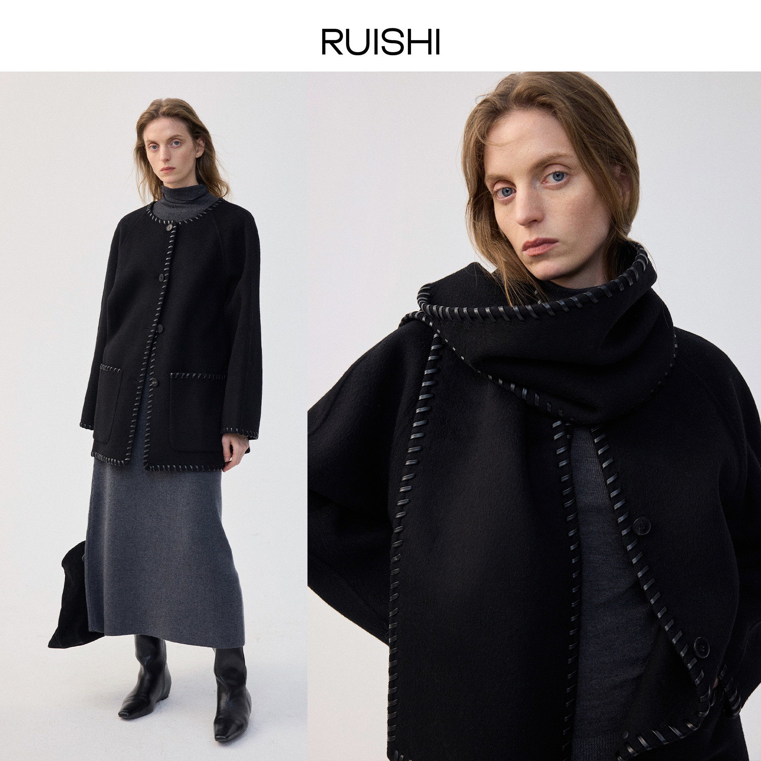 RUISHI芮时 100绵羊毛重工落肩廓形垂感短款双面呢大衣外套女秋冬,淘宝优惠券,粉丝福利购,淘宝优惠卷