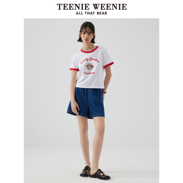 TeenieWeenie Bear Outlet ແມ່ຍິງ summer ສັ້ນຄໍ Round T-shirt ວິທະຍາໄລແບບສີກົງກັນຂ້າມກັບລຸ່ມສຸດ