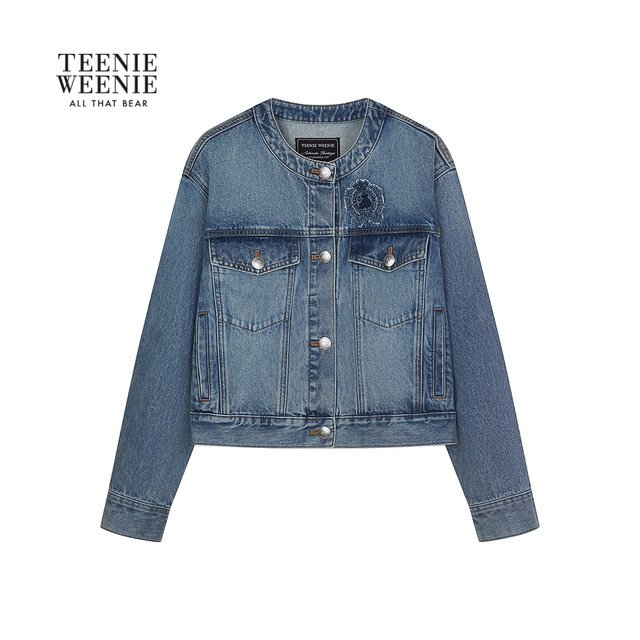 TeenieWeenie Bear ແມ່ຍິງຄົນອັບເດດ: ພາກຮຽນ spring Temperament ປະຈໍາວັນ commuing Denim ຂອບດິບ Embroidered ເສື້ອກັນຫນາວຄໍມົນ