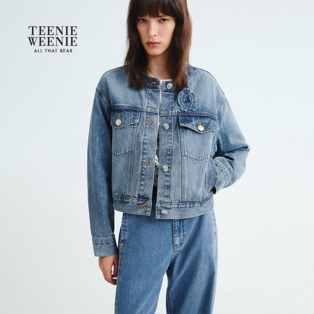 TeenieWeenie Bear ແມ່ຍິງຄົນອັບເດດ: ພາກຮຽນ spring Temperament ປະຈໍາວັນ commuing Denim ຂອບດິບ Embroidered ເສື້ອກັນຫນາວຄໍມົນ