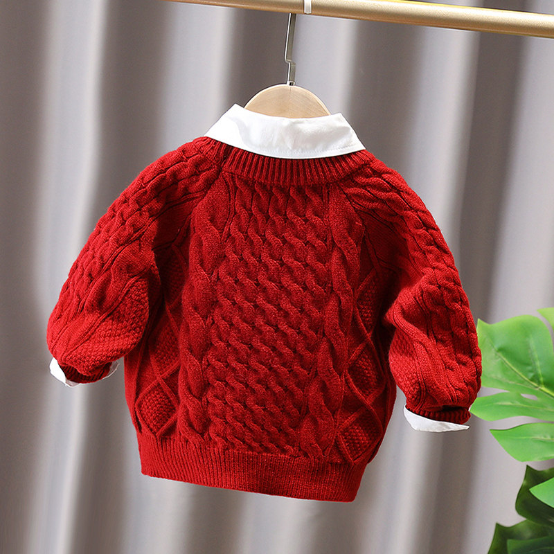 儿童复古麻花加绒红色毛衣男女童2025秋冬宝宝喜庆小童加厚针织衫,淘宝优惠券,粉丝福利购,淘宝优惠卷