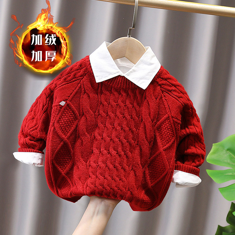 儿童复古麻花加绒红色毛衣男女童2025秋冬宝宝喜庆小童加厚针织衫,淘宝优惠券,粉丝福利购,淘宝优惠卷
