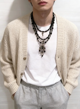 男士复古多层珠链十字架项链