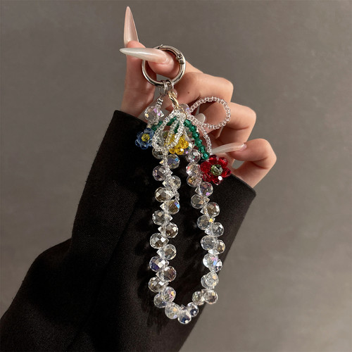 水晶花朵链条奢华水晶串珠手机壳链挂饰汽车钥匙包包挂件手拎短链 - 图0