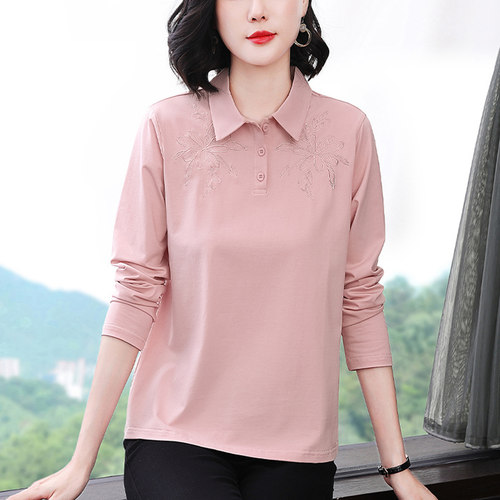 妈妈新款秋季翻领时尚长袖T恤衫女装中老年休闲刺绣大妈宽松上衣 - 图0