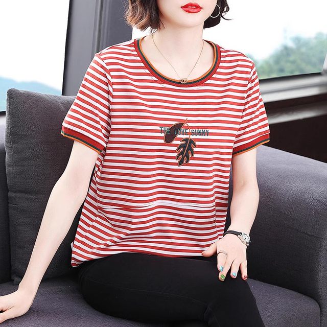 Inpenny summer mom ເສື້ອທີເຊີດ embroidered striped