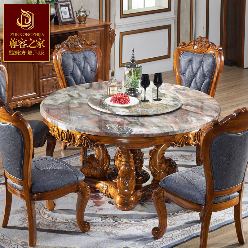 高端别墅乌金木实木大象餐桌餐椅组合 欧式奢华天然大理石圆餐台,淘宝优惠券,粉丝福利购,淘宝优惠卷