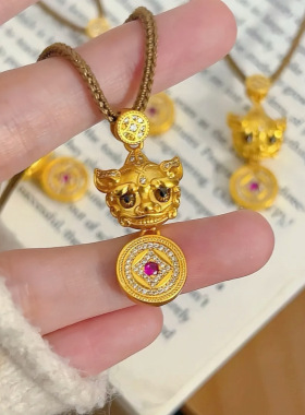 金店同款高保色古法沙金镶钻招财貔貅吊坠 韦雪同款貔貅项链