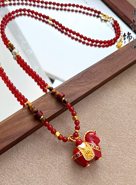 金店同款古法沙金珐琅彩马上有钱吊坠新中式镶钻红色唐马挂坠挂饰