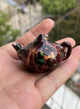 茶壶摆件 原创实心檀木雕刻 纯手工绘画