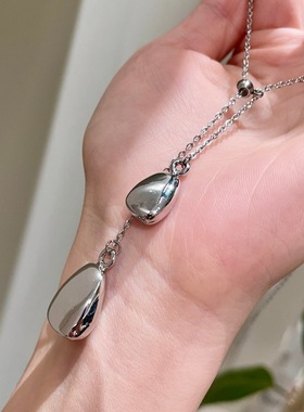 极简风银色水滴吊坠项链女长款可抽拉毛衣链轻奢气质配饰品 56