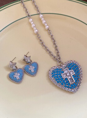 蓝色珍珠爱心十字架耳钉项链女小众设计感气质毛衣链时尚耳饰91