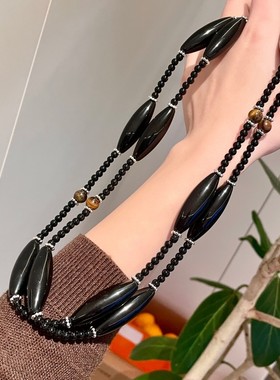 设计缠绕双层叠戴简约黑色水晶石长条玛瑙串珠项链马眼毛衣链75