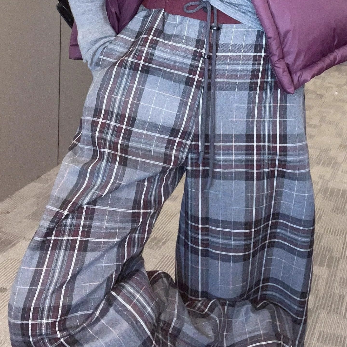 特价格子长裤女2025秋季新款欧洲站休闲阔腿裤高腰直筒长裤裤子,淘宝优惠券,粉丝福利购,淘宝优惠卷